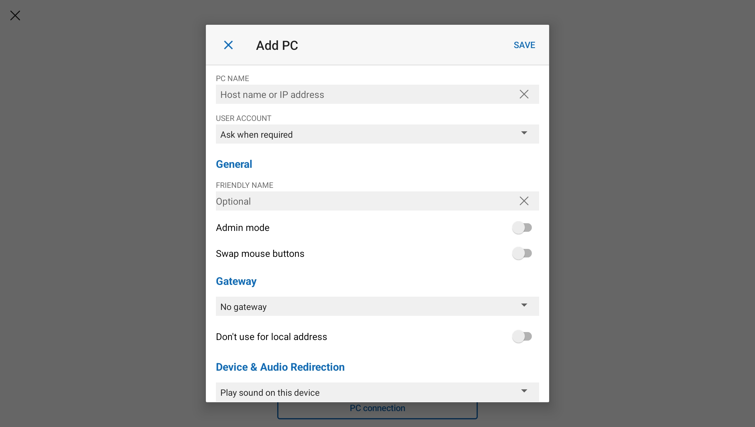 macOS 上的 Windows App:Add PC 对话框,PC NAME 一栏填写服务器IP与端口